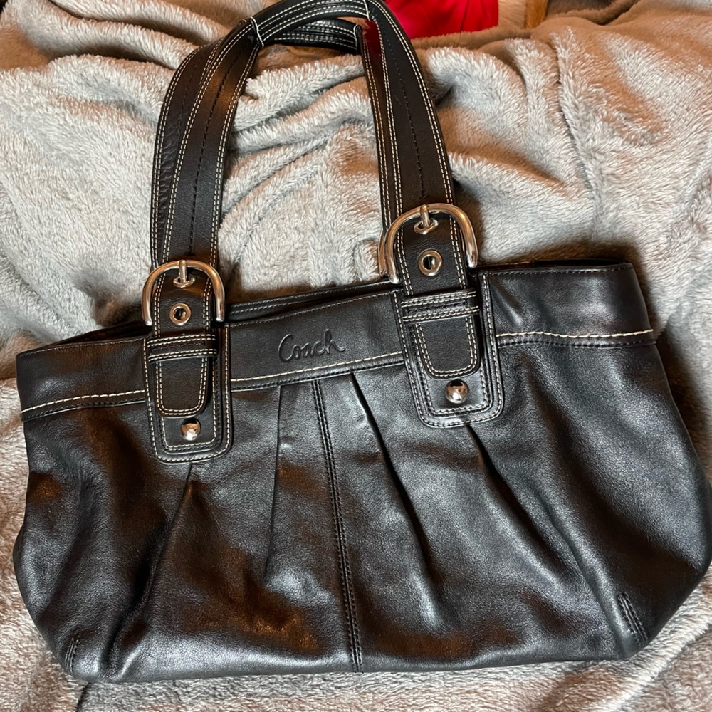 Coach Solo pleated black leather purse with buckle straps